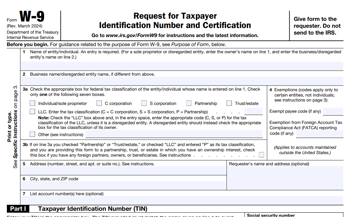 Information Required for form w-9